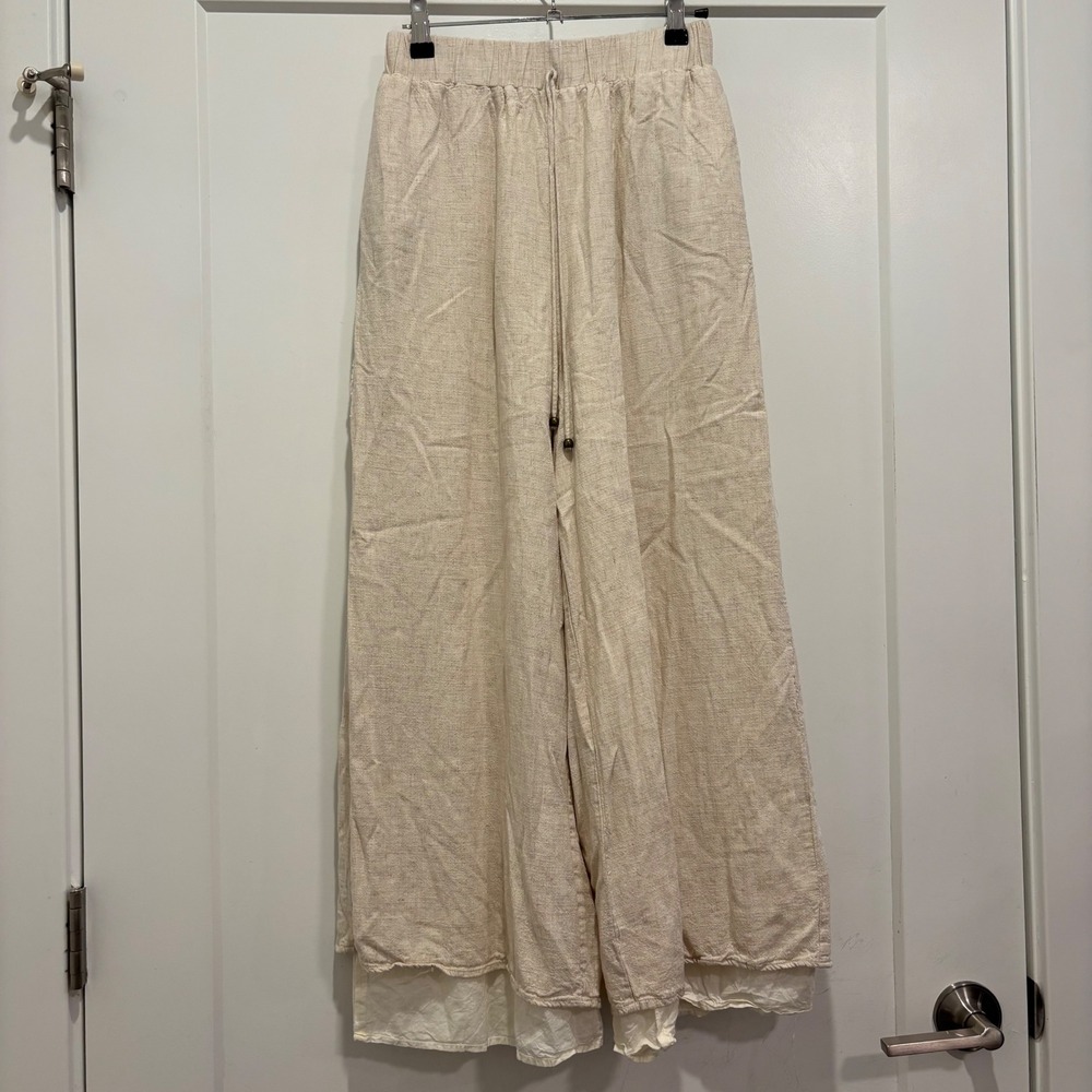 Saints & Secrets Womens Small Linen Cotton Wide Leg Pants Oatmeal Layered Hem
